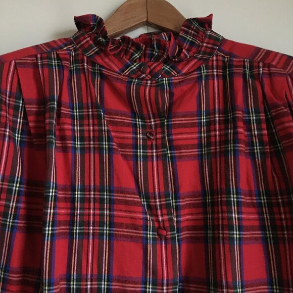 Vintage Plaid Shoulder Pad Cotton Mockneck Button Down Blouse - Picture 5 of 16